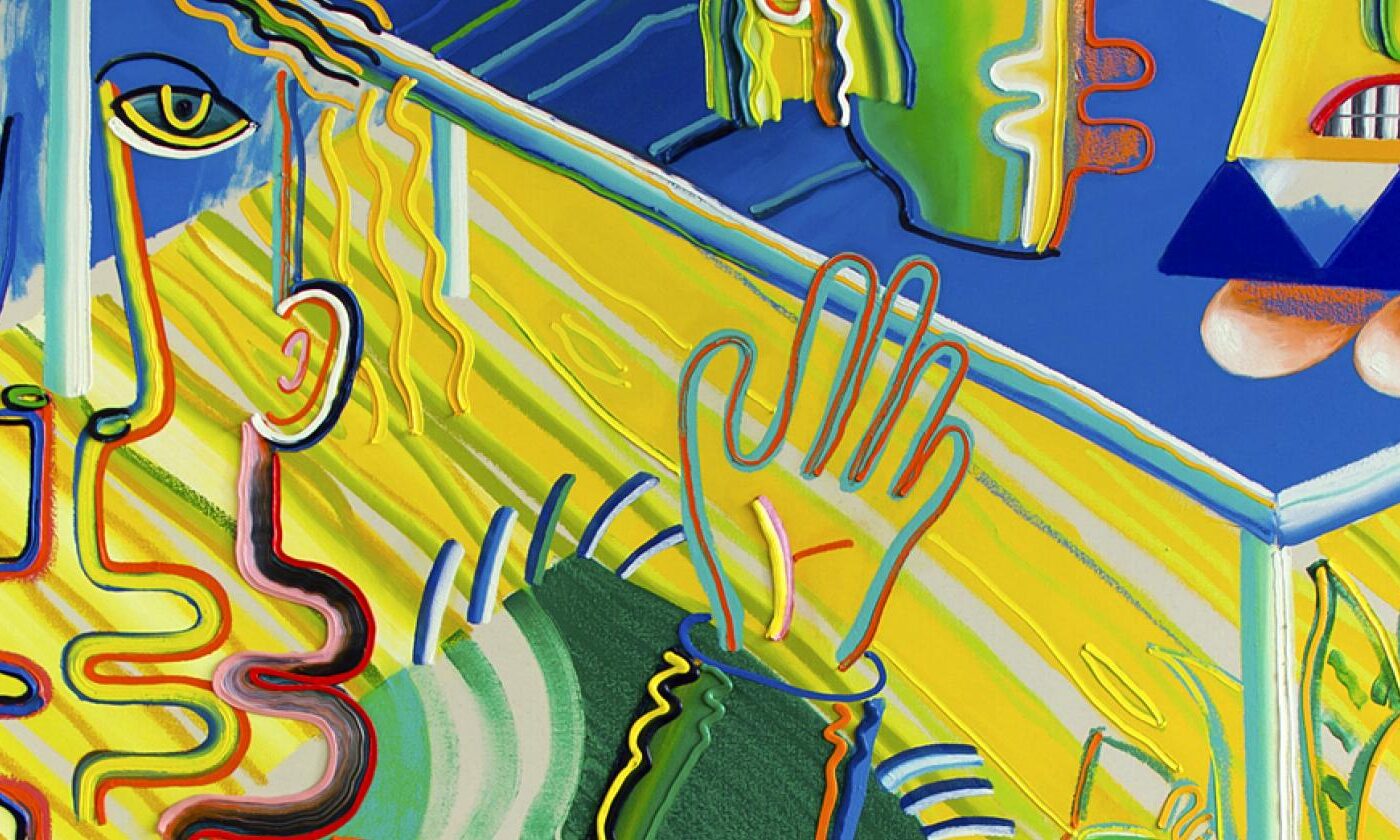 Annie Hémond Hotte, « Choosing Heads / La Table des Décisions (détail) », Oil paint and sticks and vinyl colors on canvas, 202 x 173 cm, 2017
