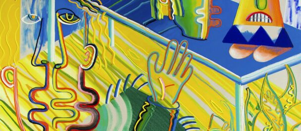 Annie Hémond Hotte, « Choosing Heads / La Table des Décisions (détail) », Oil paint and sticks and vinyl colors on canvas, 202 x 173 cm, 2017