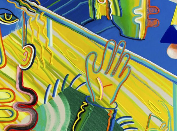Annie Hémond Hotte, « Choosing Heads / La Table des Décisions (détail) », Oil paint and sticks and vinyl colors on canvas, 202 x 173 cm, 2017