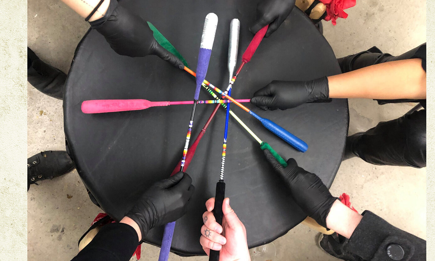 SS2S collective care in Winter 2020 during the residency around the Bear Moon Healing Drum. 
In Circle with Elder Sedalia Kawennota Fazio, Dayna  Danger, Amanda Roy, Joce Two Crows Tremblay, Verse, Isa Hagerman, Matisse Bourgeois + Faye Mullen.